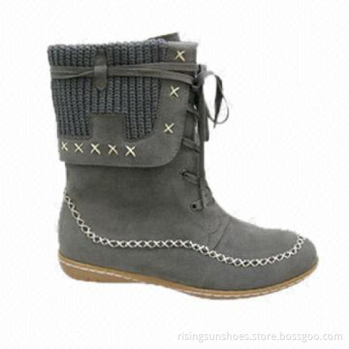 Women's trendy dress boots, knitted fabric at shaft, lace-up design, comfortable soft rubber sole